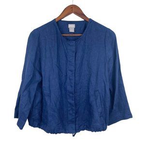 Chicos 100% Linen Blouse Womens Size 1P Blue Button Down Adjustable Waist Jacket